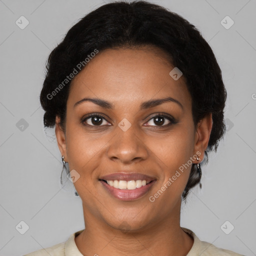 Joyful black young-adult female with medium  brown hair and brown eyes