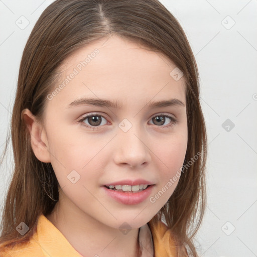 Joyful white child female with long  brown hair and brown eyes