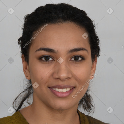 Joyful latino young-adult female with short  brown hair and brown eyes