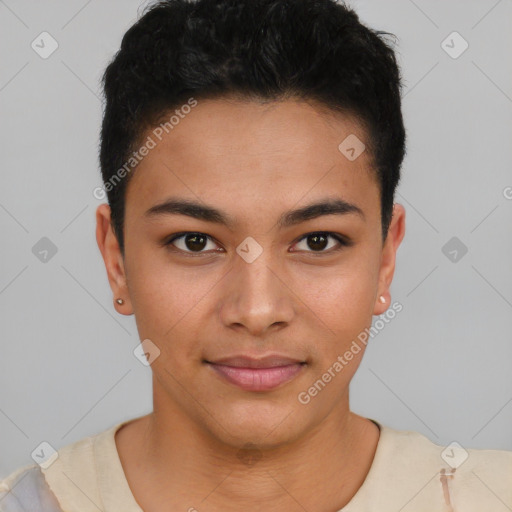 Joyful asian young-adult female with short  brown hair and brown eyes