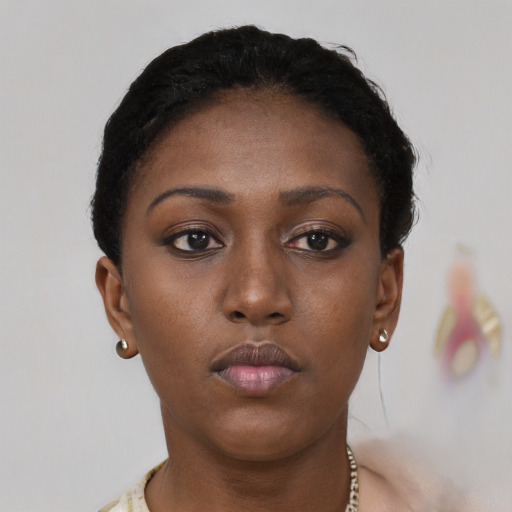 Neutral black young-adult female with short  black hair and brown eyes