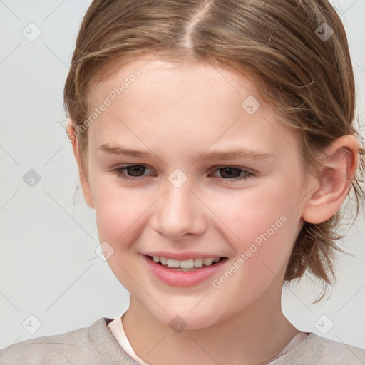 Joyful white child female with medium  brown hair and brown eyes