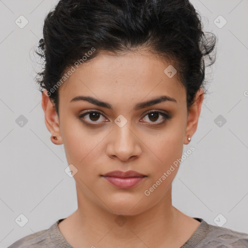 Neutral white young-adult female with short  brown hair and brown eyes