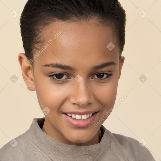 Joyful white child female with short  brown hair and brown eyes