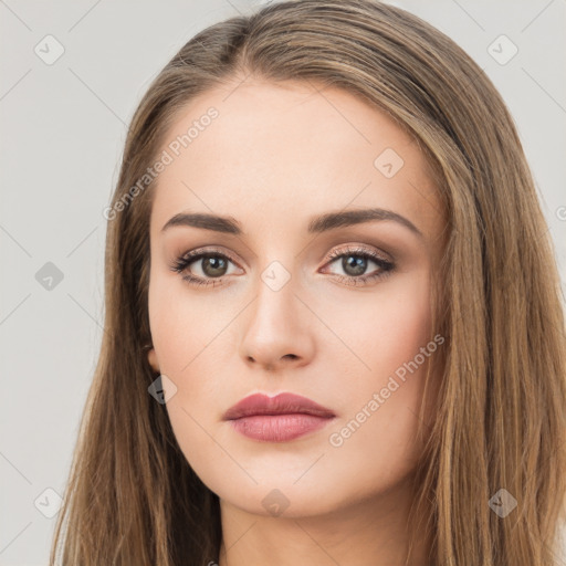 Neutral white young-adult female with long  brown hair and brown eyes