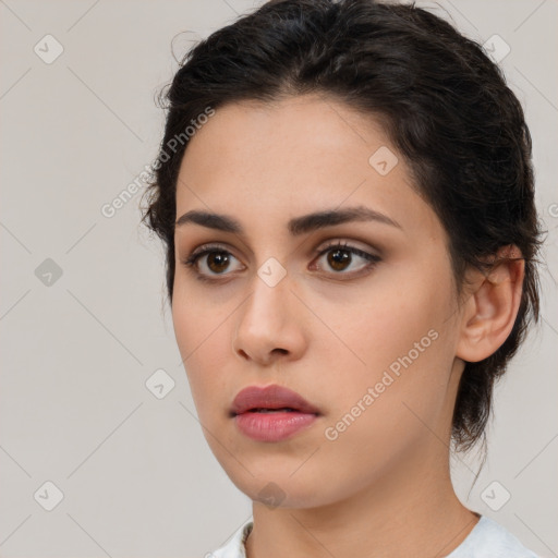 Neutral white young-adult female with medium  brown hair and brown eyes