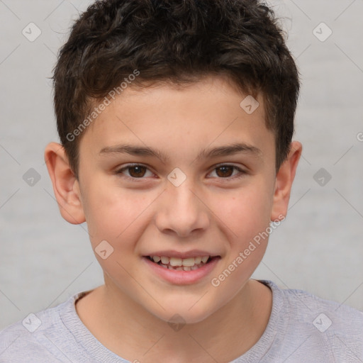 Joyful white child male with short  brown hair and brown eyes