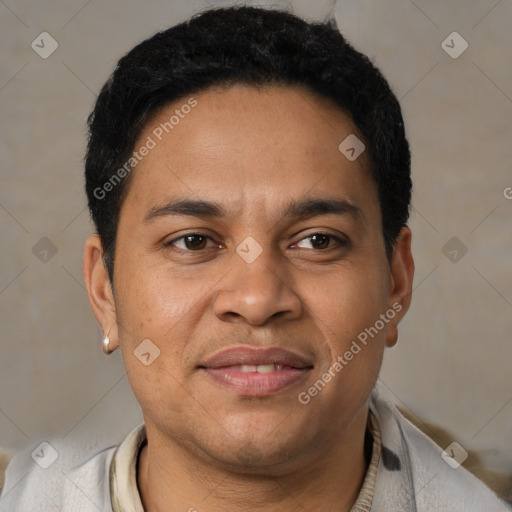 Joyful latino young-adult male with short  brown hair and brown eyes