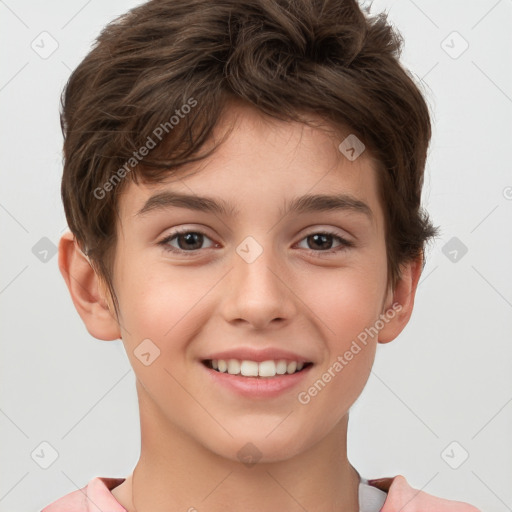 Joyful white child female with short  brown hair and brown eyes