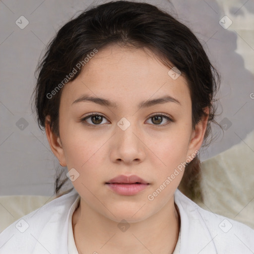 Neutral white young-adult female with medium  brown hair and brown eyes