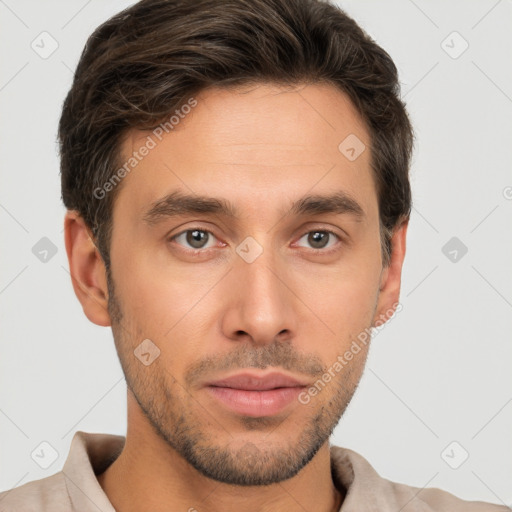 Neutral white young-adult male with short  brown hair and brown eyes