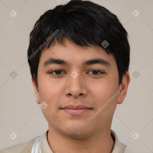 Neutral asian young-adult male with short  black hair and brown eyes