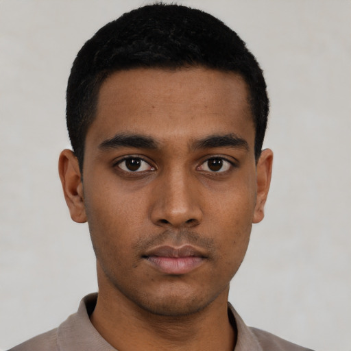 Neutral latino young-adult male with short  black hair and brown eyes