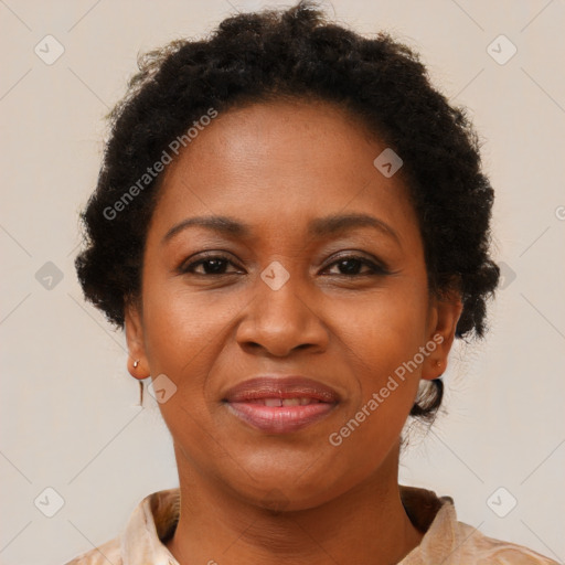 Joyful black adult female with short  brown hair and brown eyes