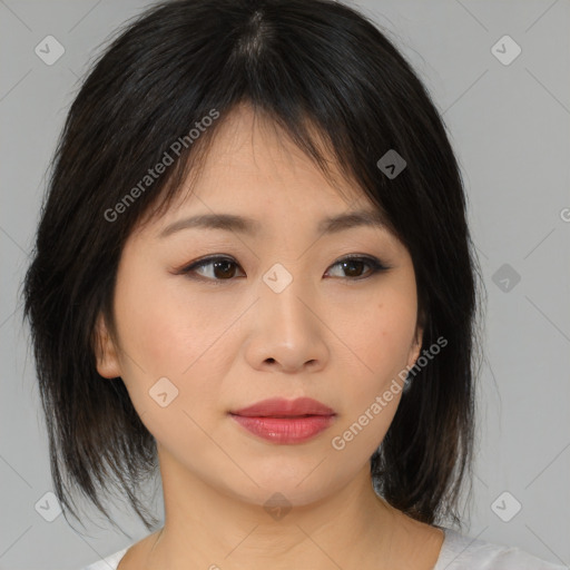 Neutral asian young-adult female with medium  brown hair and brown eyes