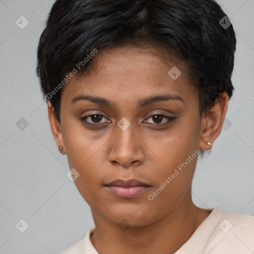 Neutral latino young-adult female with short  brown hair and brown eyes