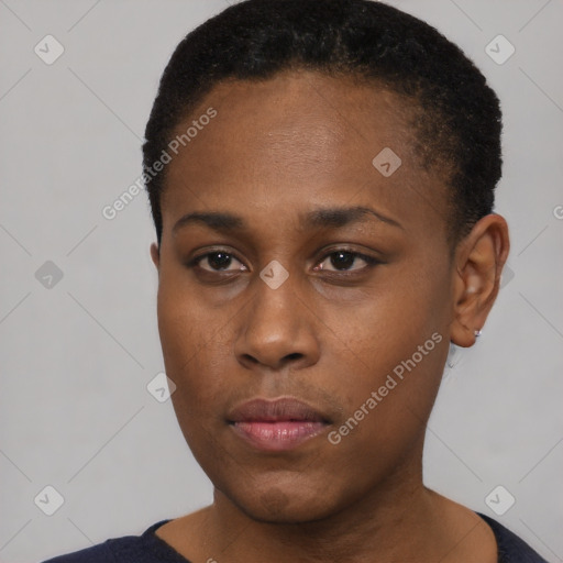 Neutral black young-adult female with short  black hair and brown eyes