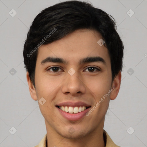 Joyful white young-adult male with short  black hair and brown eyes