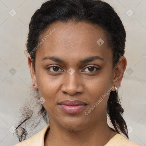 Joyful latino young-adult female with short  brown hair and brown eyes