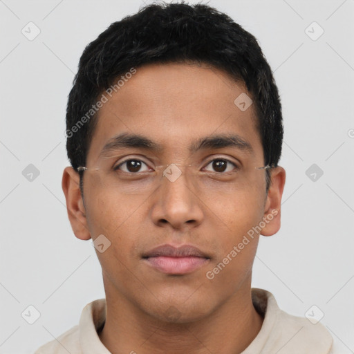 Neutral latino young-adult male with short  brown hair and brown eyes