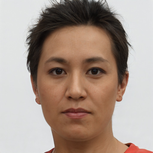 Neutral white adult female with short  brown hair and brown eyes