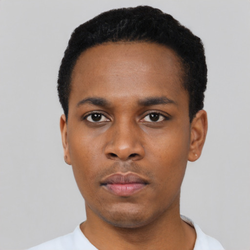 Neutral black young-adult male with short  black hair and brown eyes
