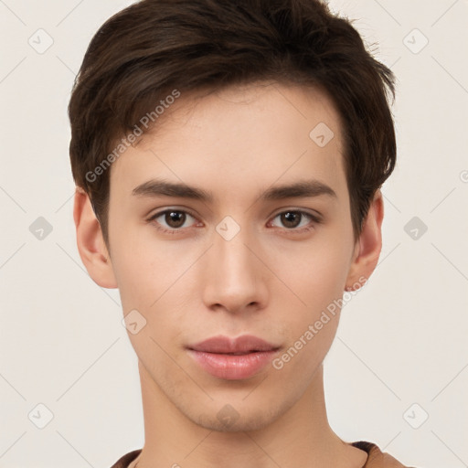 Neutral white young-adult male with short  brown hair and brown eyes