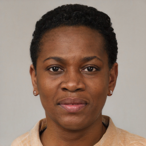 Joyful black young-adult female with short  black hair and brown eyes