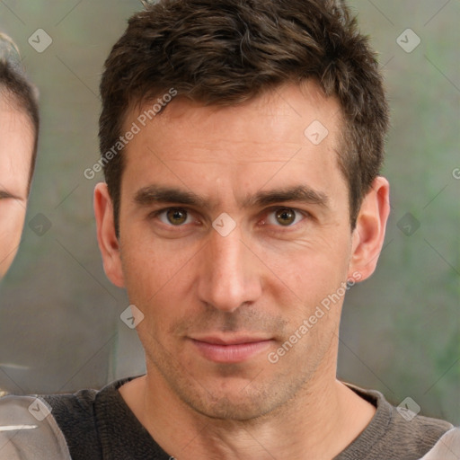 Neutral white adult male with short  brown hair and brown eyes