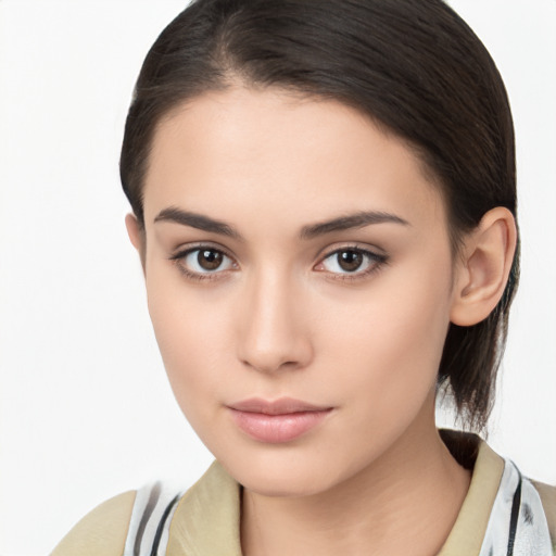 Neutral white young-adult female with medium  brown hair and brown eyes