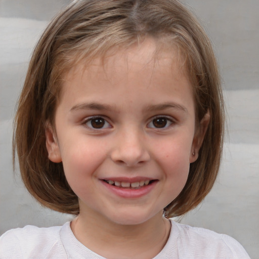 Joyful white child female with medium  brown hair and brown eyes