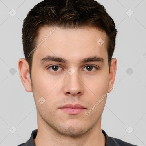 Neutral white young-adult male with short  brown hair and brown eyes