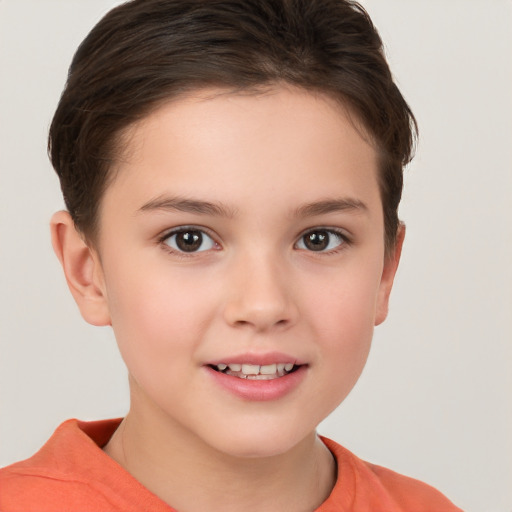 Joyful white child female with short  brown hair and brown eyes