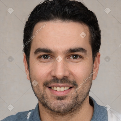 Joyful white young-adult male with short  black hair and brown eyes