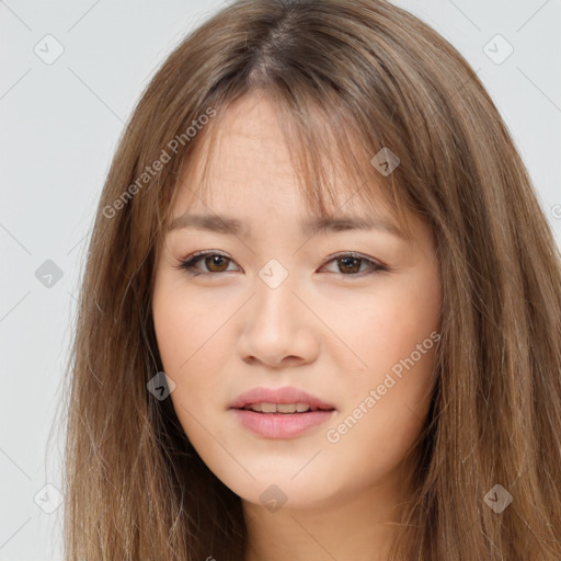 Neutral white young-adult female with long  brown hair and brown eyes