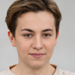 Joyful white young-adult female with short  brown hair and grey eyes