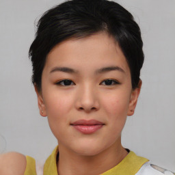 Joyful asian young-adult female with short  black hair and brown eyes