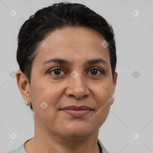 Joyful white adult female with short  brown hair and brown eyes