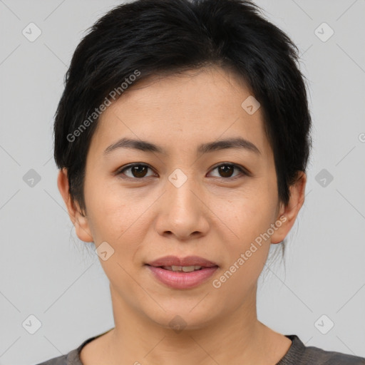 Joyful white young-adult female with short  brown hair and brown eyes