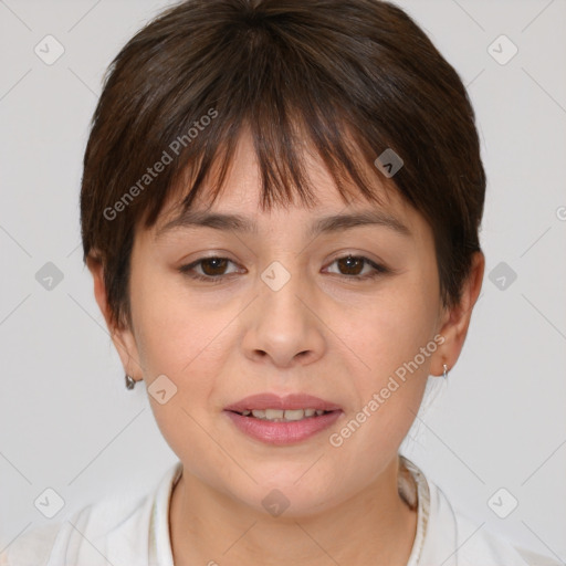 Joyful white young-adult female with medium  brown hair and brown eyes