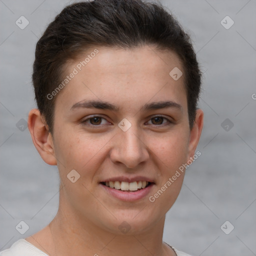 Joyful white young-adult female with short  brown hair and brown eyes