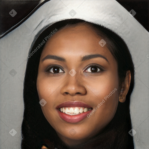 Joyful black young-adult female with long  black hair and brown eyes