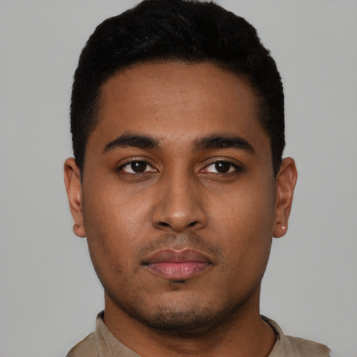 Neutral black young-adult male with short  black hair and brown eyes