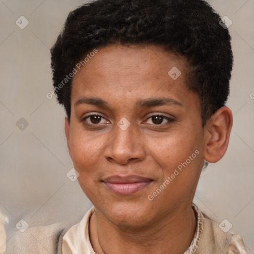 Joyful black adult female with short  brown hair and brown eyes