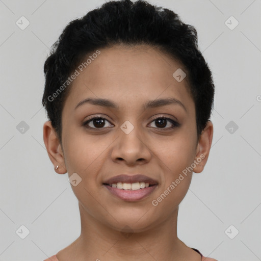 Joyful latino young-adult female with short  brown hair and brown eyes