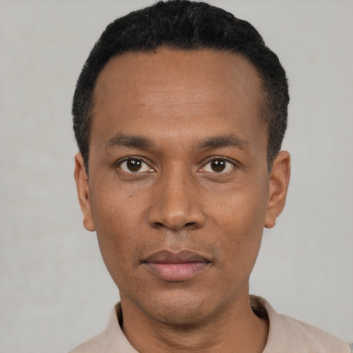 Neutral black young-adult male with short  black hair and brown eyes