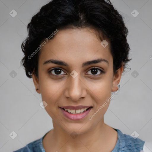 Joyful latino young-adult female with short  brown hair and brown eyes