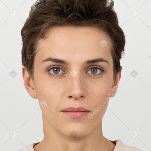 Neutral white young-adult female with short  brown hair and brown eyes