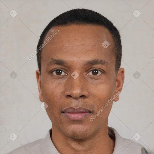 Neutral black adult male with short  black hair and brown eyes