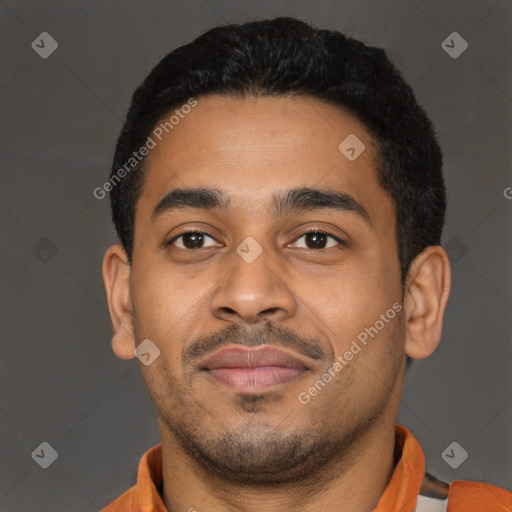 Neutral latino young-adult male with short  black hair and brown eyes
